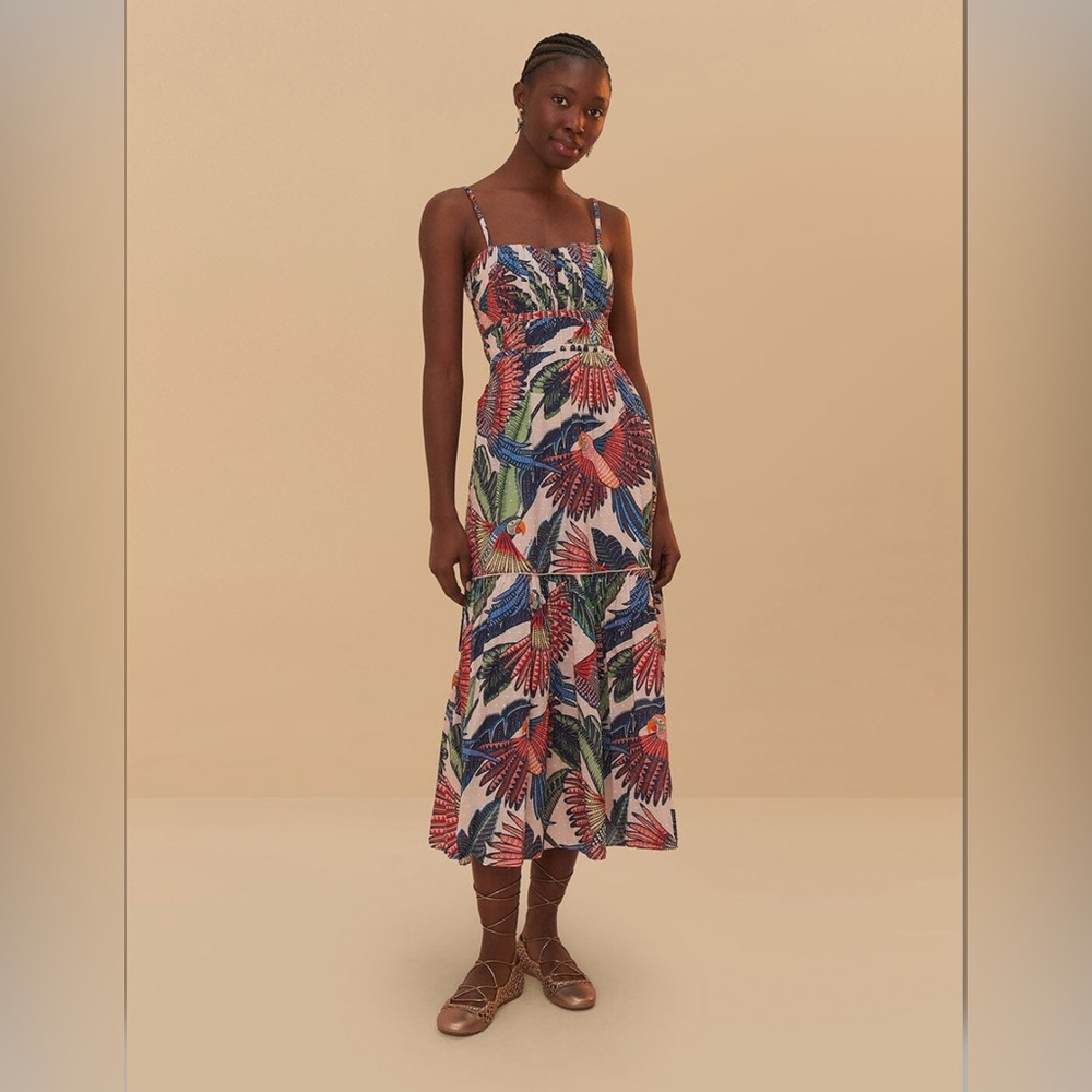 FARM Rio Tropical Bird Print Midi Dress in White, Red, Blue, Green